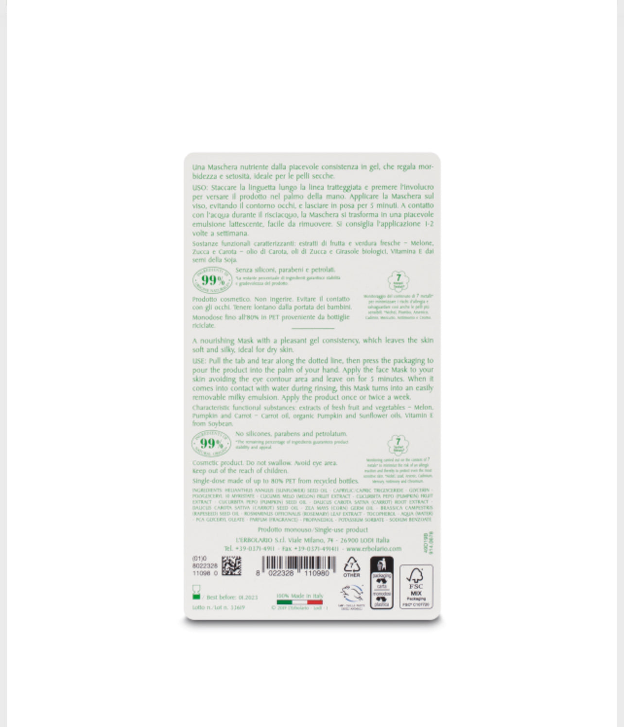 Maschera Oleogel Viso Restitutiva I Colori dell'Orto 8ml